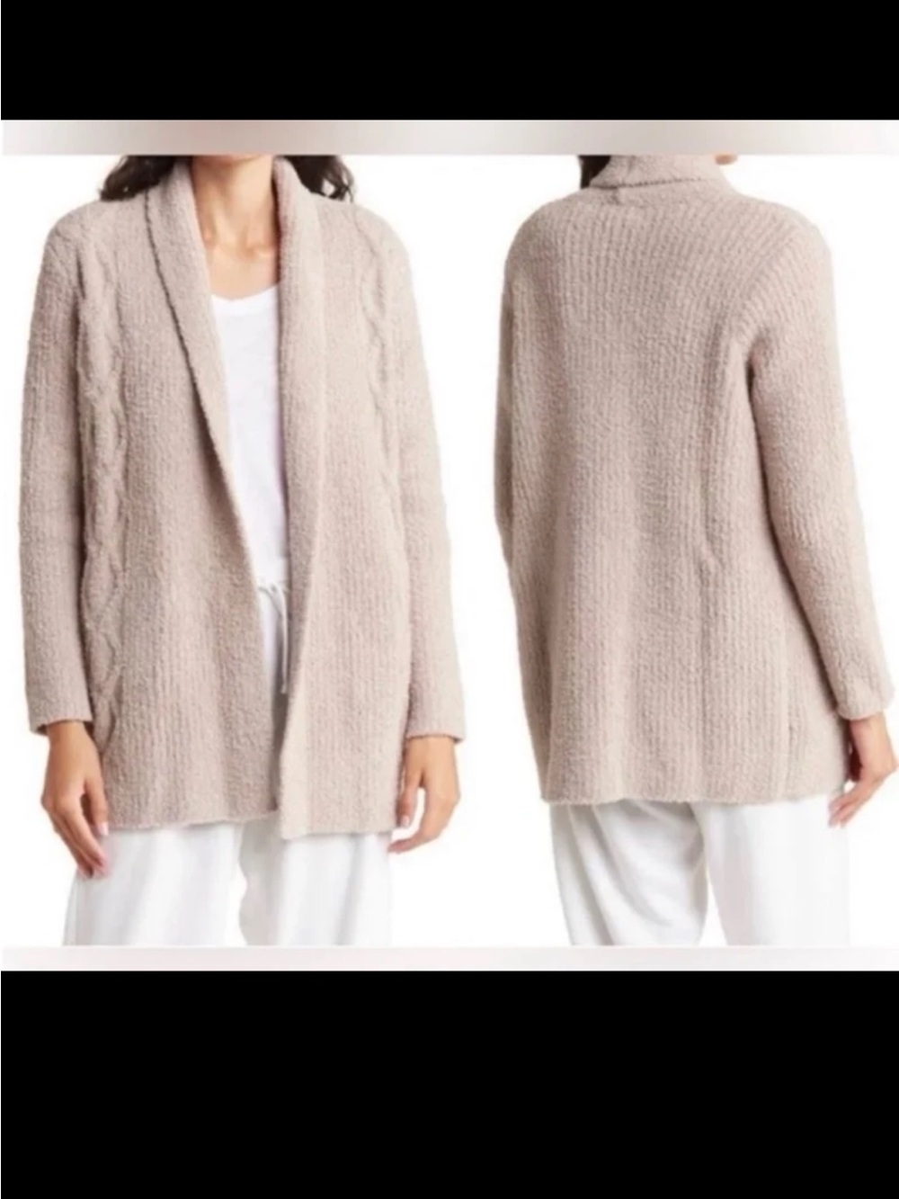 Barefoot Dreams CozyChic Cable Knit Cardigan Jacket Open Front Taupe Medium - Picture 5 of 12